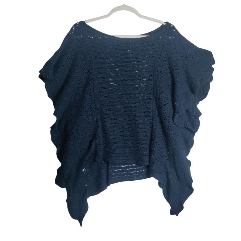 Free People Navy Blue Open Knit Ruffle Poncho Wool Blend Sweater Medium